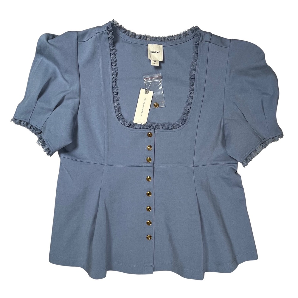 New Maeve Anthropologie Peplum Top Women M Blue Lace Trim Puff Sleeve Office NWT